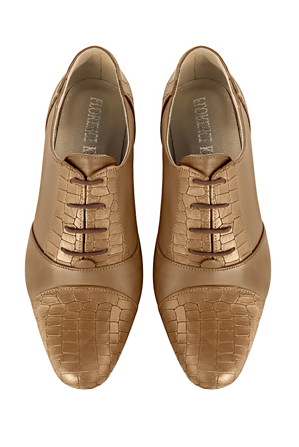 Camel beige women's essential lace-up shoes. Round toe. Low block heels. Top view - Florence KOOIJMAN